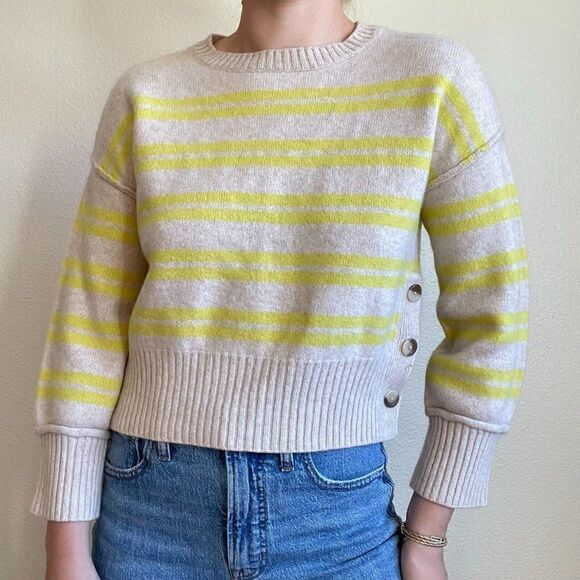 Aqua Womens Beige Yellow Striped 100% Cashmere Crewneck Soft Sweater Sz S - Picture 1 of 10
